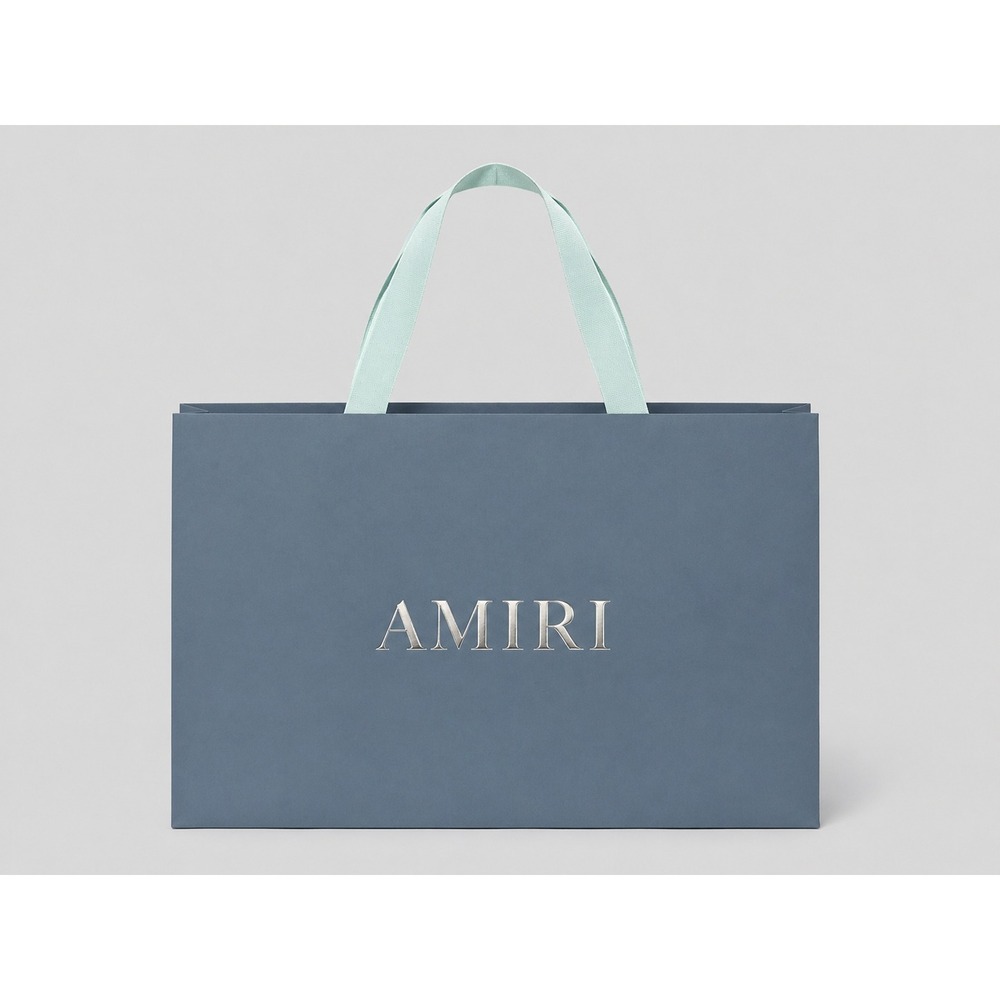 Amiri Large Dark Grey Shopping Bag Silver Foil Logo Light Blue Interior 22x16
